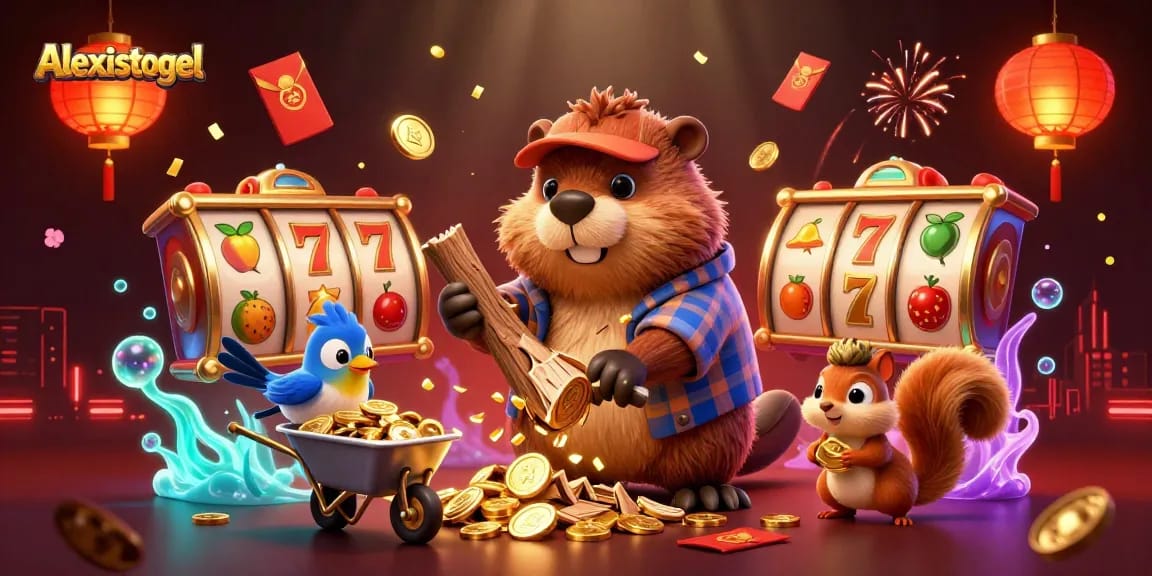 Alexistogel menghidupkan permainan slot dengan ilustrasi beaver pemotong pohon yang menciptakan koin emas.