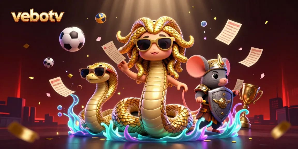 Experience thrilling sports betting with vebotv in this 3D cartoon illustration featuring Medusa and a warrior mouse.