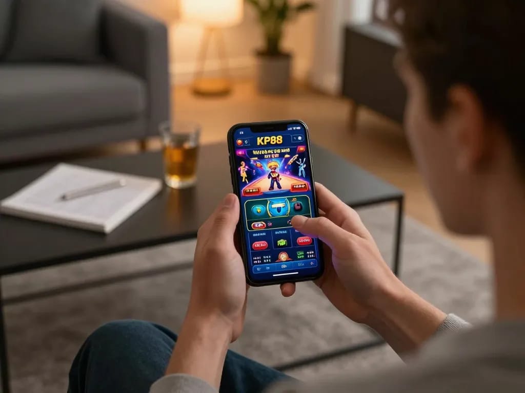 Engaging in online gaming on KP88 mobile app while enjoying a cozy home environment.