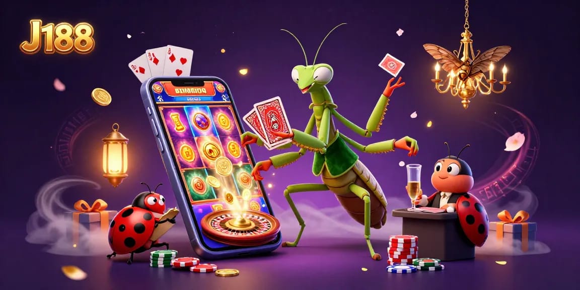 J188 brings excitement with a lively scene of casino activities, featuring a praying mantis dealer and captivating game elements.