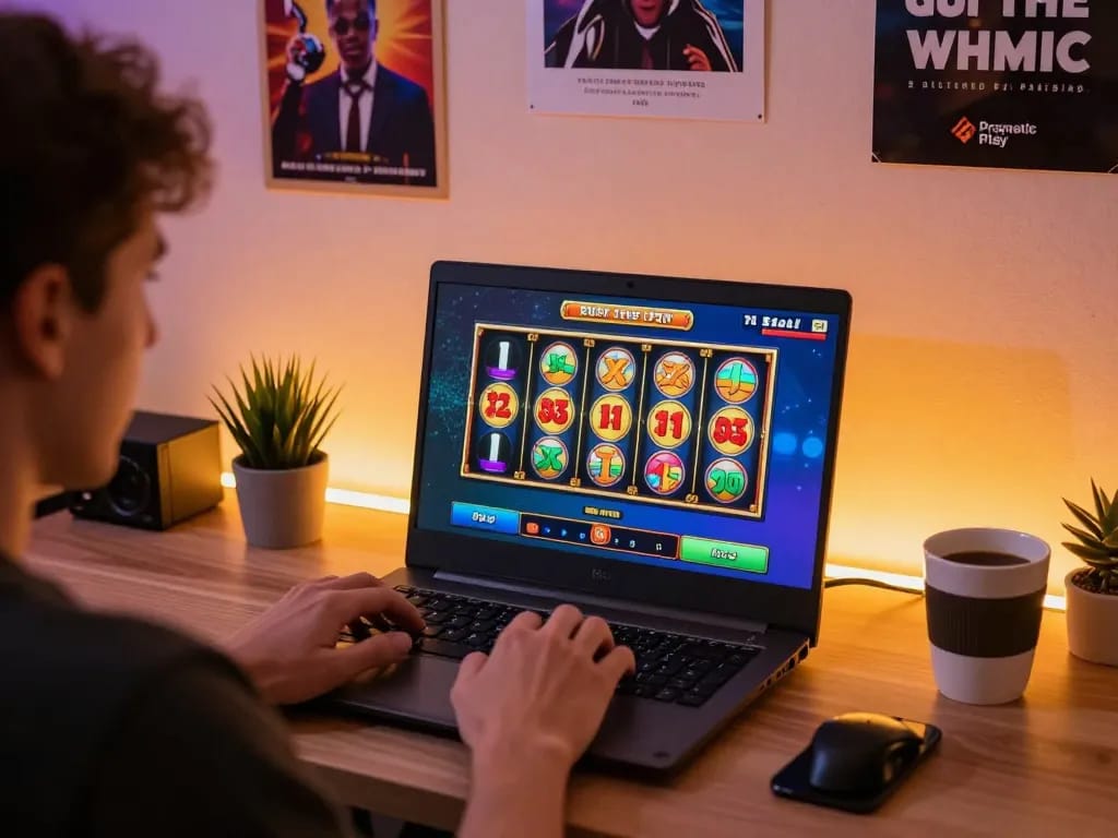 Engaging demo slot Pragmatic gameplay on a laptop in a cozy home office setup.