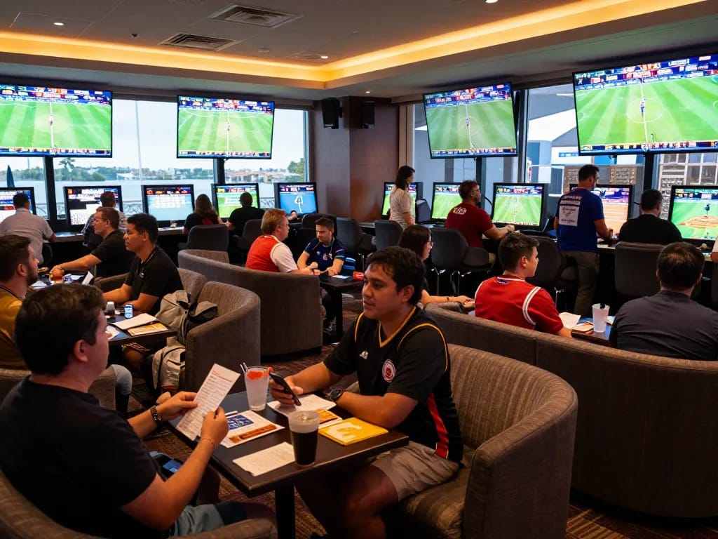 Patrons actively placing bets on NET88 in an upscale sports betting lounge