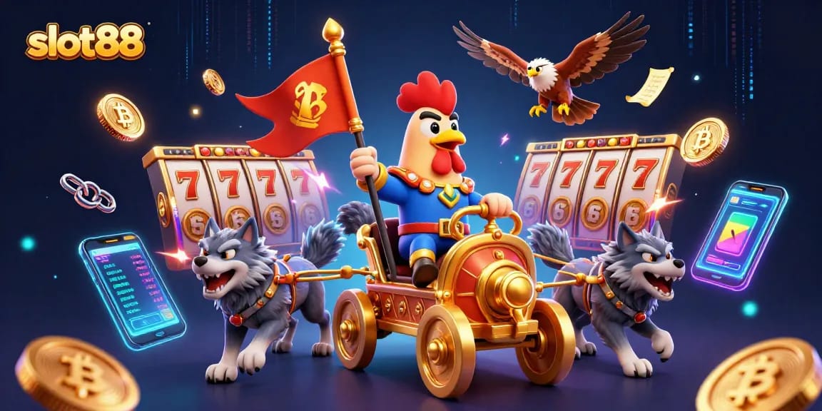 Slot88 menampilkan tokoh ayam jantan perang pada kereta emas dikelilingi simbol slot dan koin crypto yang bercahaya.