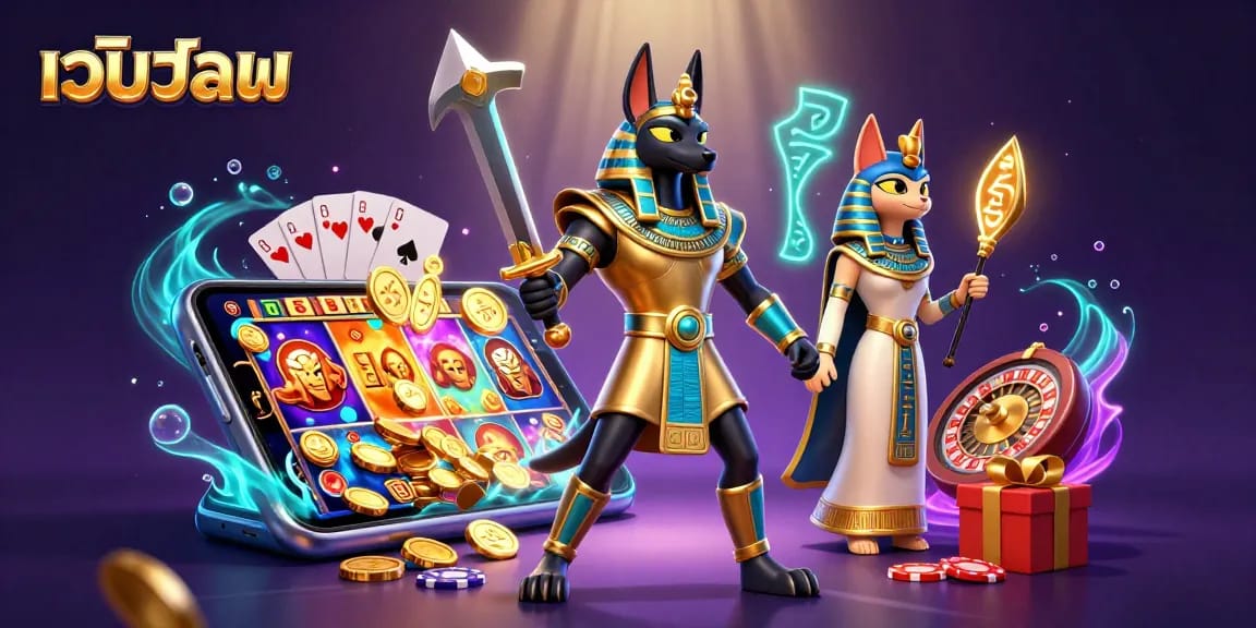 Experience the thrill of เว็บบอล action with Anubis and Bastet amidst lively casino elements.