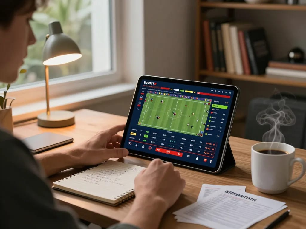 Player engaging with king33 sports betting app in a cozy home office, showcasing strategic gaming.