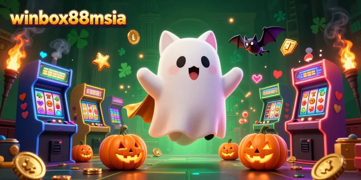 Join the fun at winbox88msia with a ghost cat, vampire bat, and glowing slot machines!