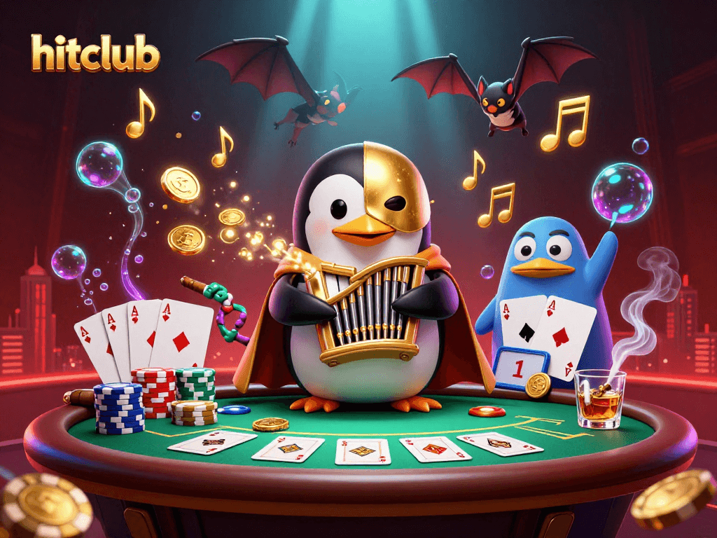 Experience hitclub with a dynamic scene of a penguin playing organ as poker elements shine.