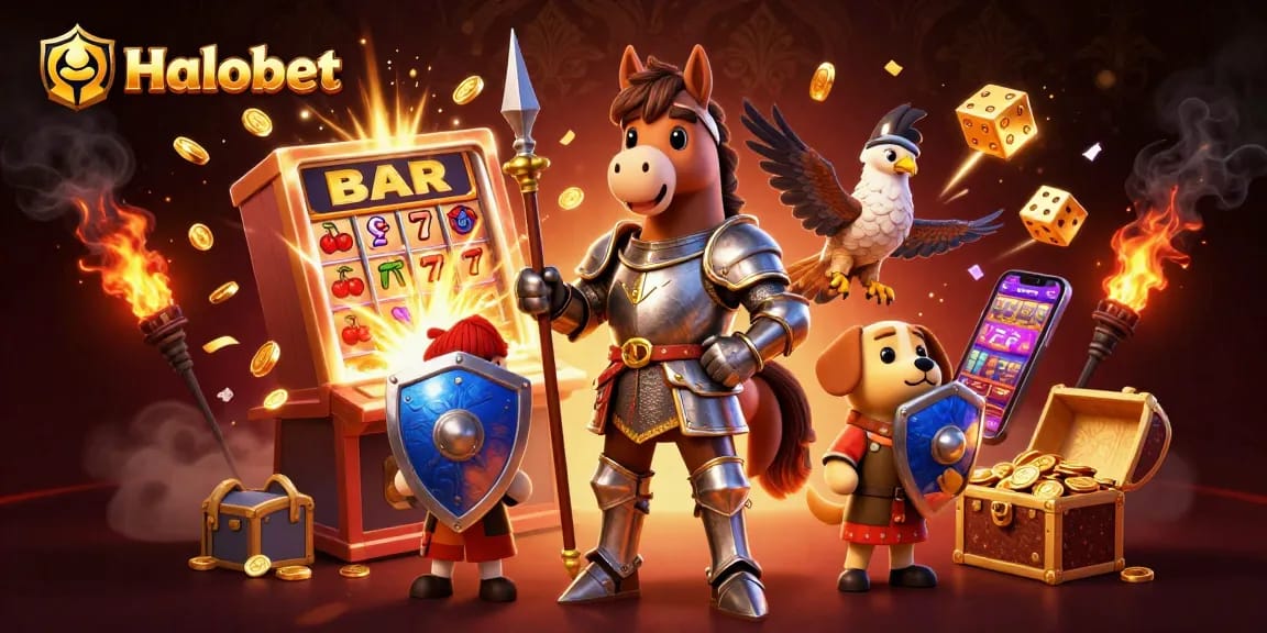 Halobet showcases a vibrant 3D casino scene with a knight, puppy, and falcon amidst slot machines.