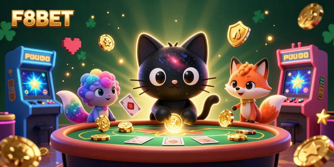 Experience the excitement of F8BET with a cosmic casino scene featuring a black hole cat and nebula fox.