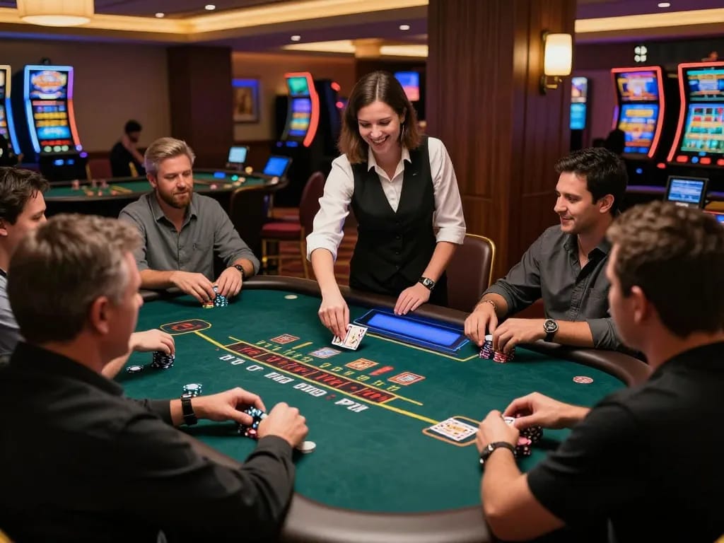 Players enjoying a game of blackjack at bem88 casino, engaging with the dealer and chips.