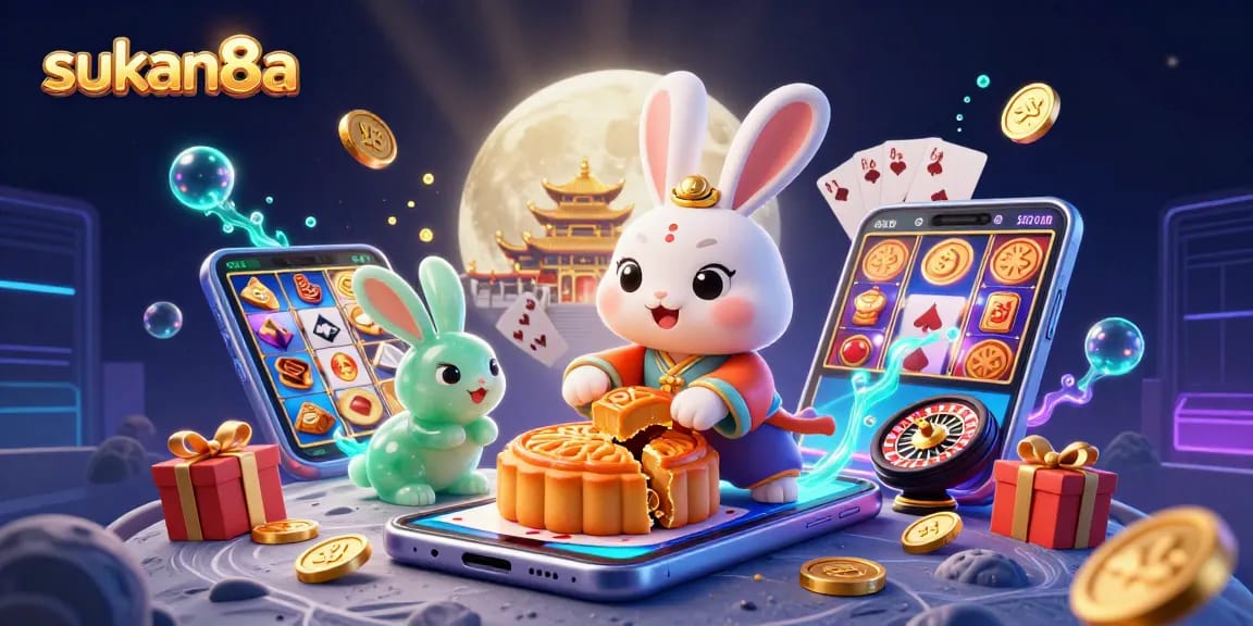 Experience the thrill of sukan8a with dynamic slot games and gambling elements in a vibrant 3D illustration.