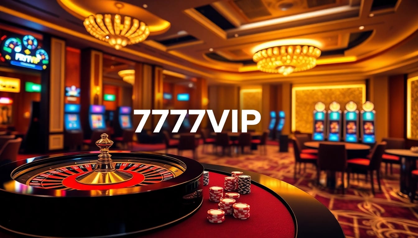 Experience the excitement of online gambling with https://777vip.tech/, showcasing a vibrant casino setting full of slots, roulette wheels, and poker.