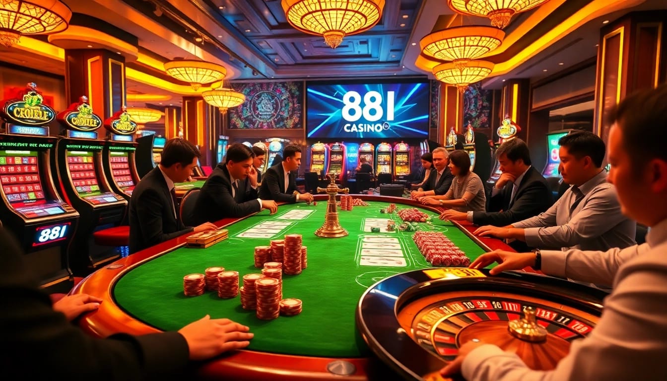 Experience thrilling gameplay at 88I's luxurious casino, with vibrant tables and eager players.