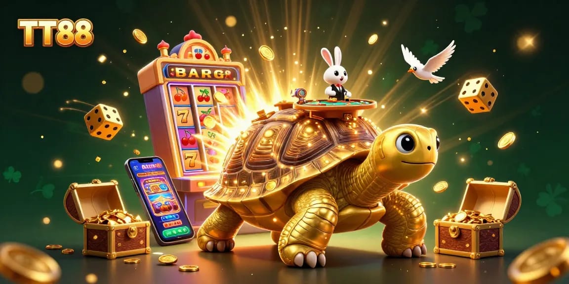 Experience incredible wins at TT88 with a vibrant casino illustration featuring golden coins and slot machines.