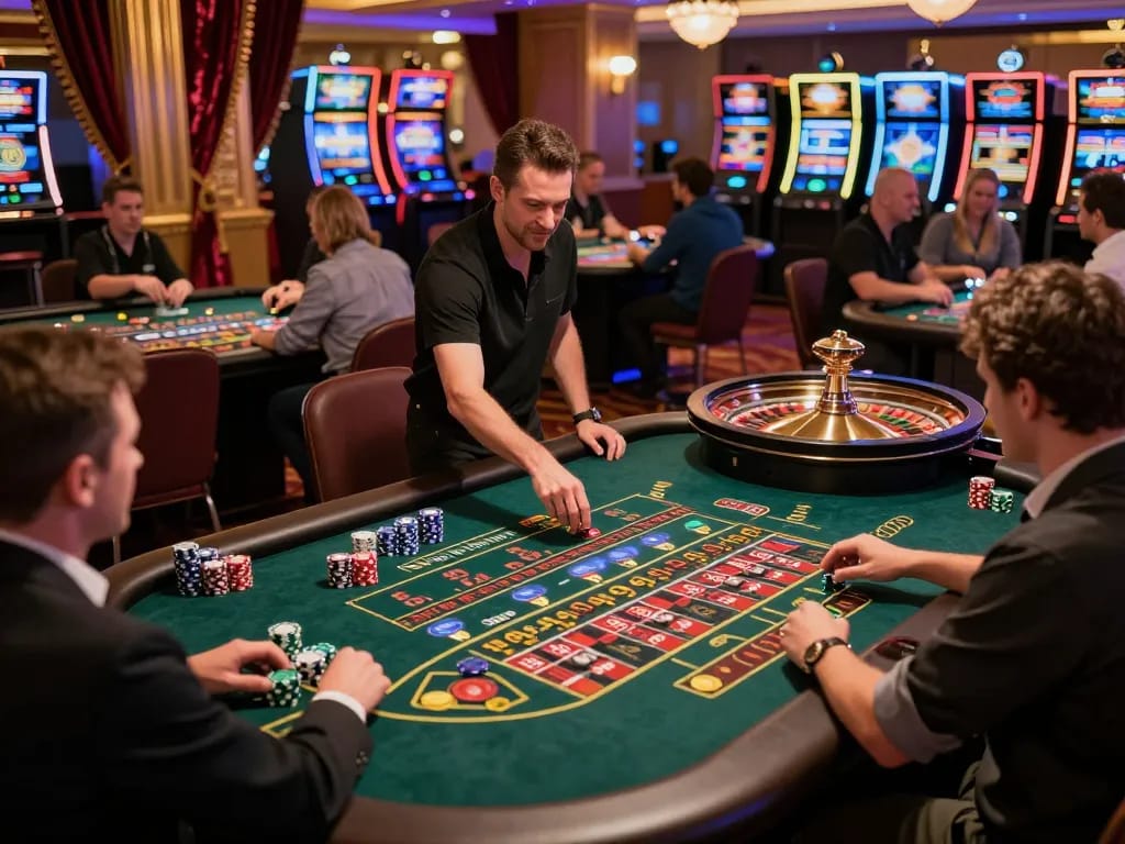 Leci123 players engaging in thrilling roulette gameplay on an upscale casino floor.