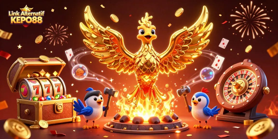 Experience thrilling wins with Link Alternatif KEPO88's molten gold phoenix soaring amidst vibrant casino riches.