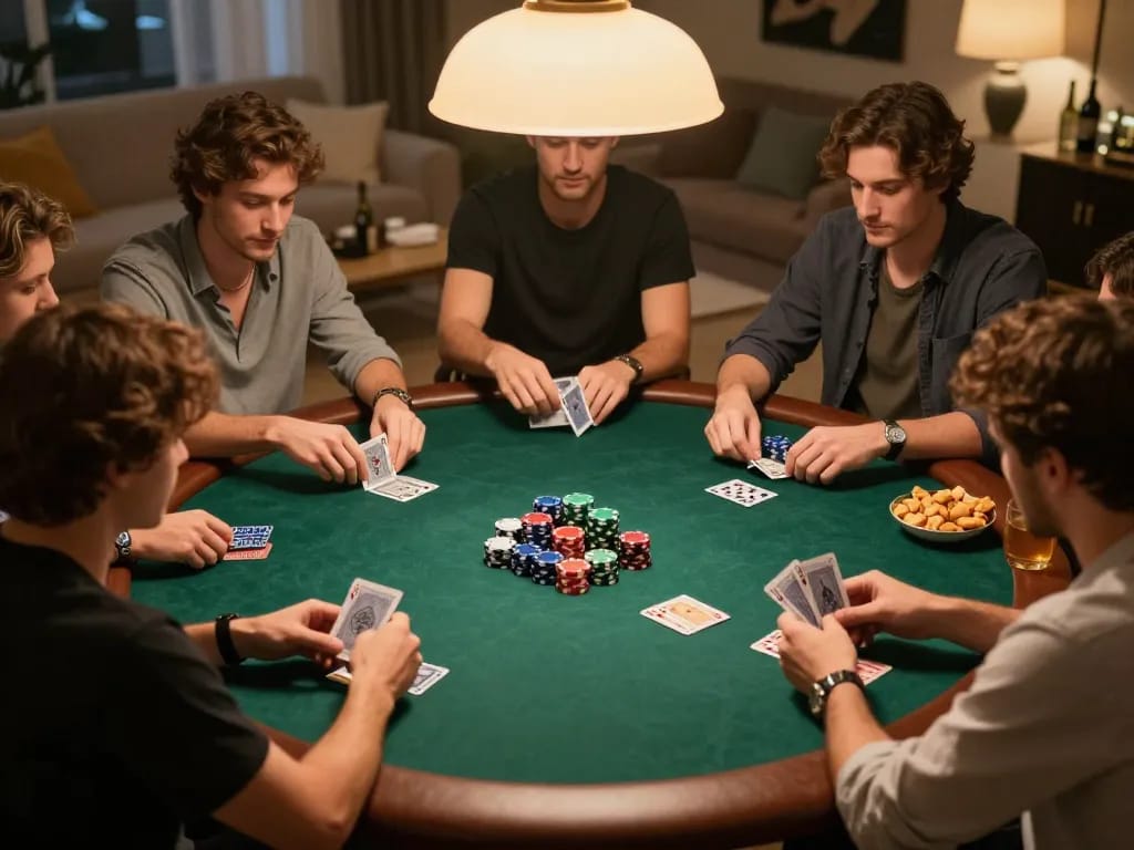 Friends enjoying a lively poker game at home, showcasing SC88 gaming spirit with colorful chips and cards.