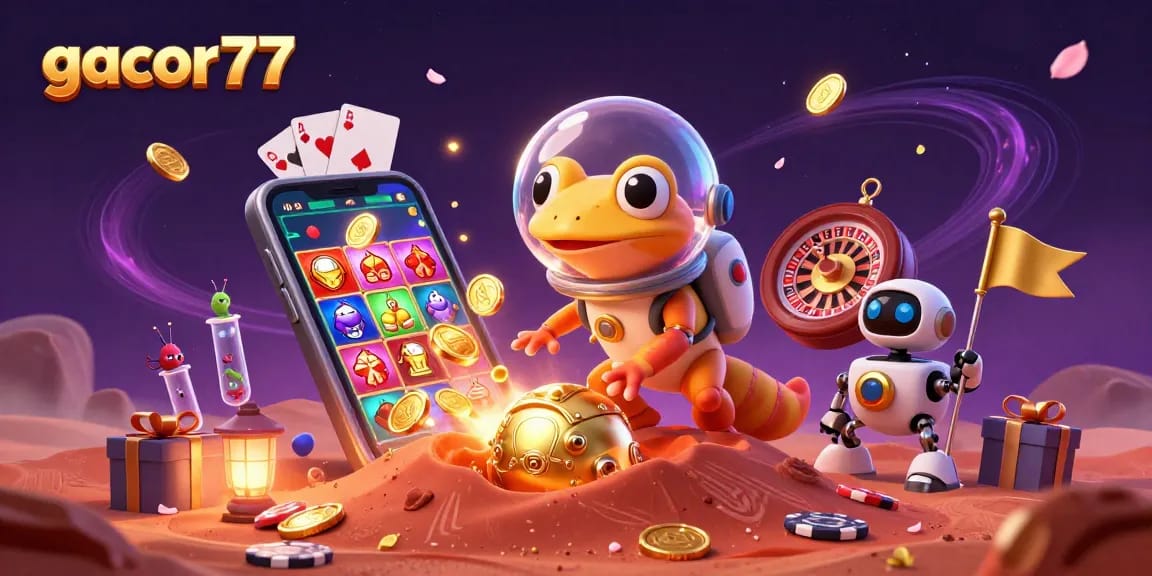 Mainkan gacor77 dengan gecko Martian dan robot sambil menemukan kasino emas.