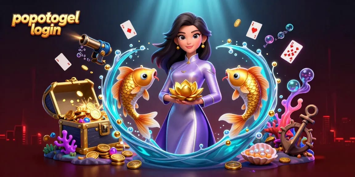 Experience thrilling games with popotogel login, featuring an elegant Asian woman and vibrant gambling elements.