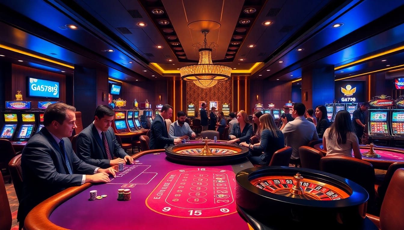 Players enjoying an exciting game at Ga6789's vibrant casino table with poker chips.