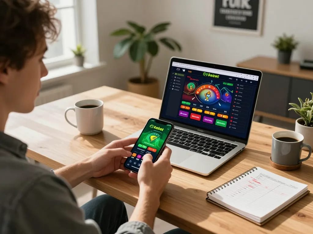 Using the kebet plataforma app for live sports betting on a smartphone in a cozy home office.