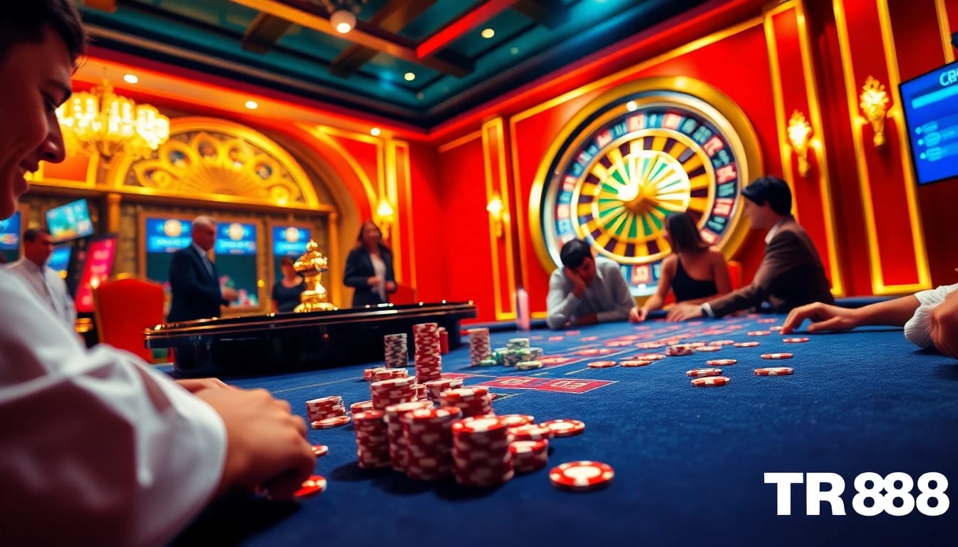 Players engaging at a poker table in a lively casino atmosphere at TR88, with vivid colors and excitement.