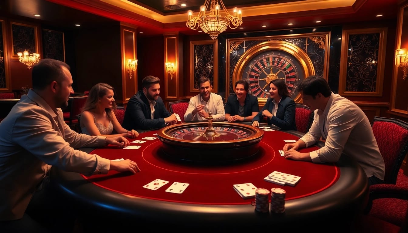 Players enjoying a thrilling poker game at B52club casino with vibrant chips and cards.