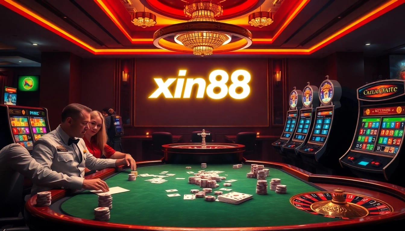 Players engaged in thrilling games at the xin88 casino, showcasing excitement and luxury in gambling.
