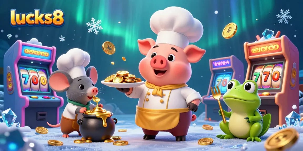 Spin the reels at lucks8 with gold coins, vibrant slot machines, and cartoon characters creating excitement.