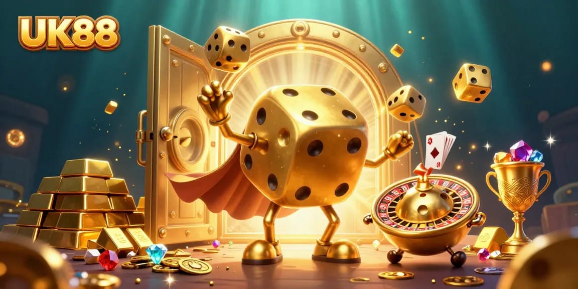 UK88 showcases an epic golden dice golem and roulette-head companion in a magical casino treasure scene.