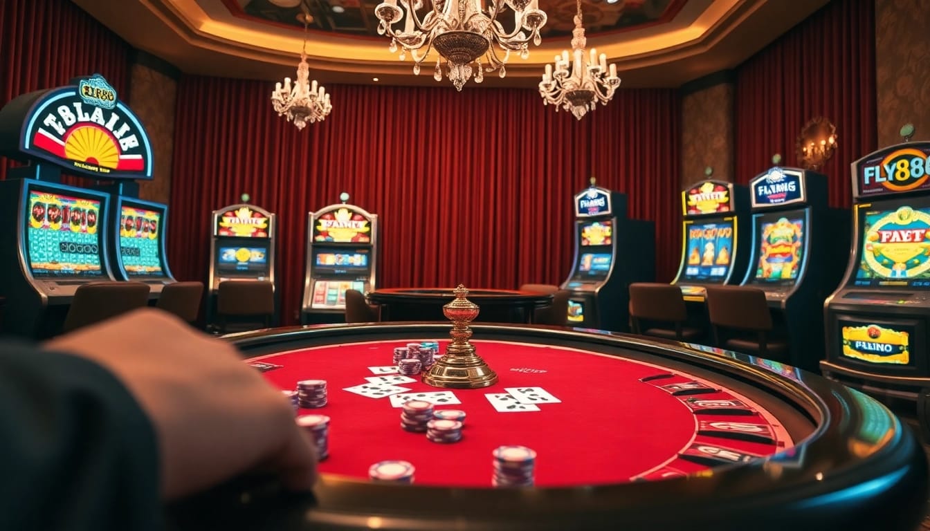 Experience the excitement of FLY88 with high-stakes poker chips and casino tables.