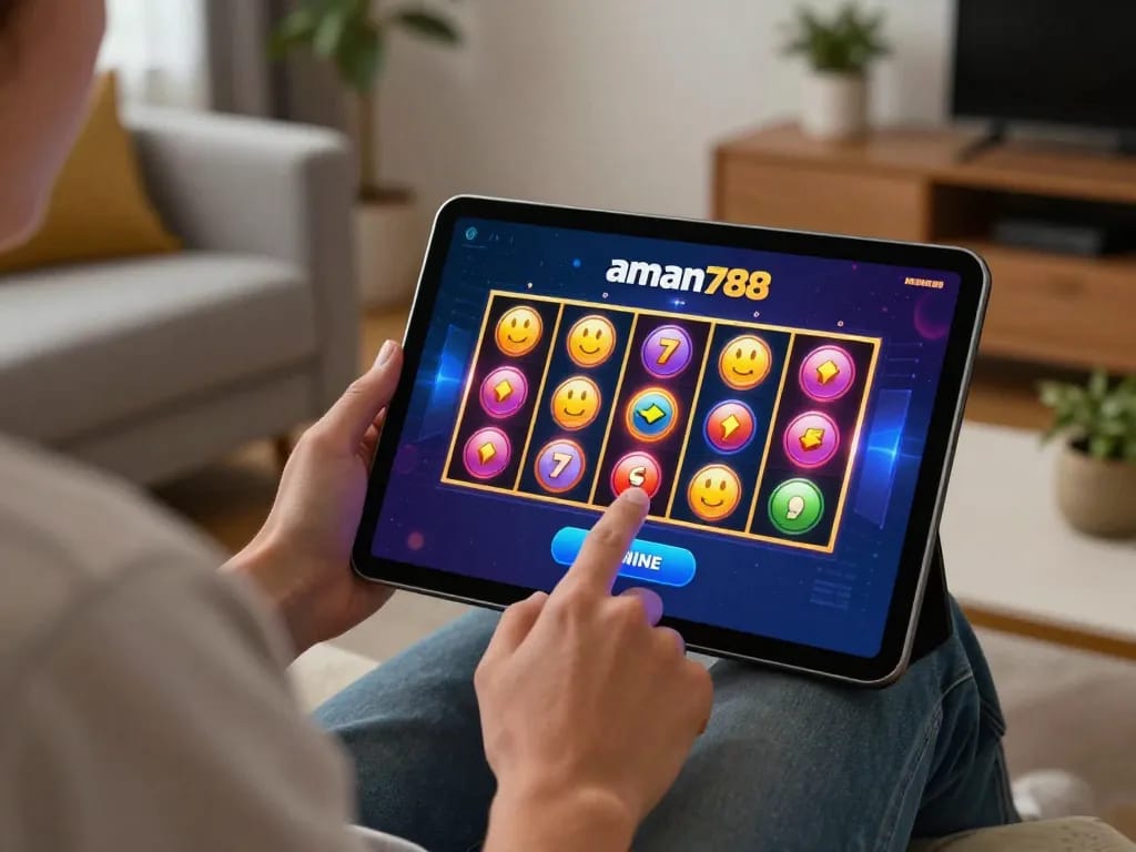 Permainan online yang menarik dengan aman788 slot online ditampilkan di tablet di dalam pengaturan ruang tamu yang nyaman