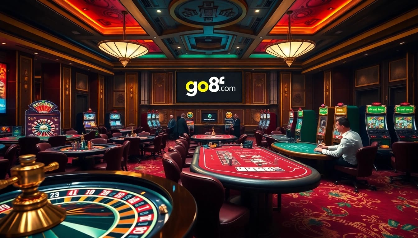 Players enjoying thrilling games at https://go8f.com/, featuring vibrant casino tables and exciting gambling action.