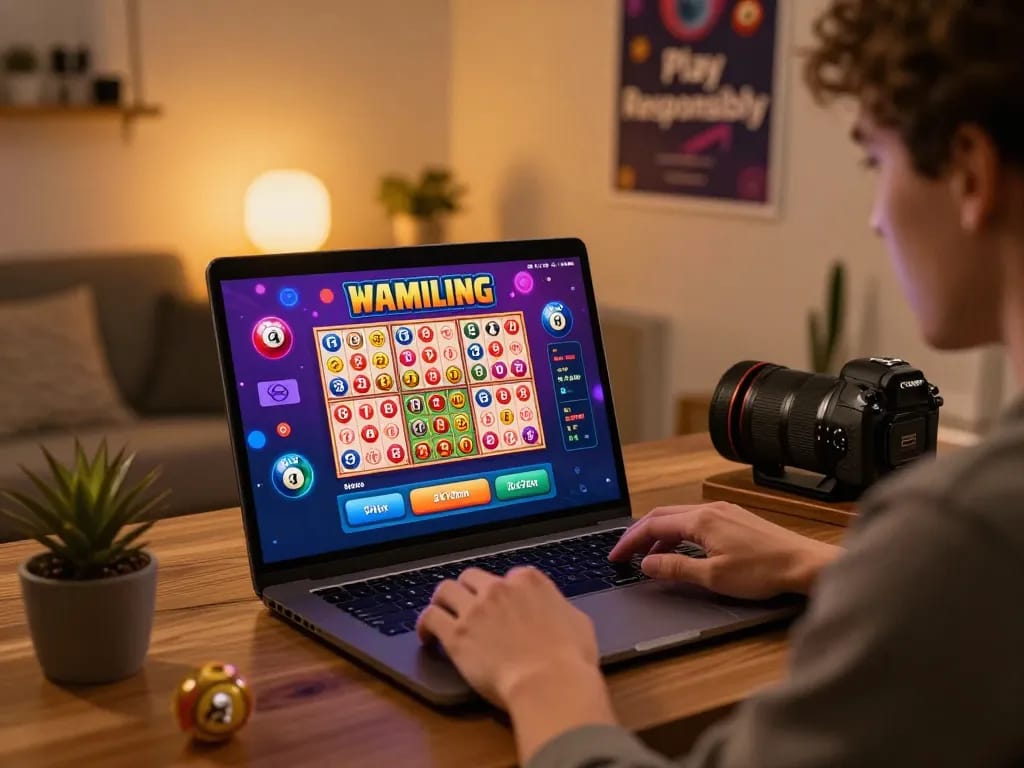 Dynamic online gaming experience with tot88 lottery interface in cozy home office.