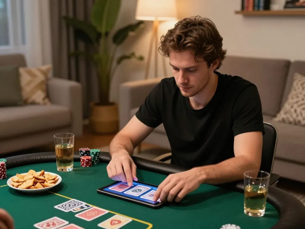 Engaging gameplay in RR88 Auction home poker session, capturing player analyzing virtual cards on tablet.