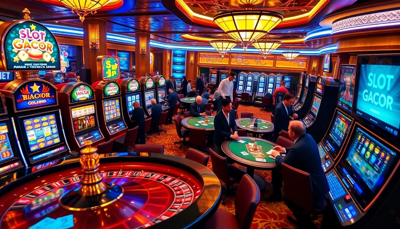 Experience slot gacor excitement with vibrant casino games and players engaged in thrilling action.