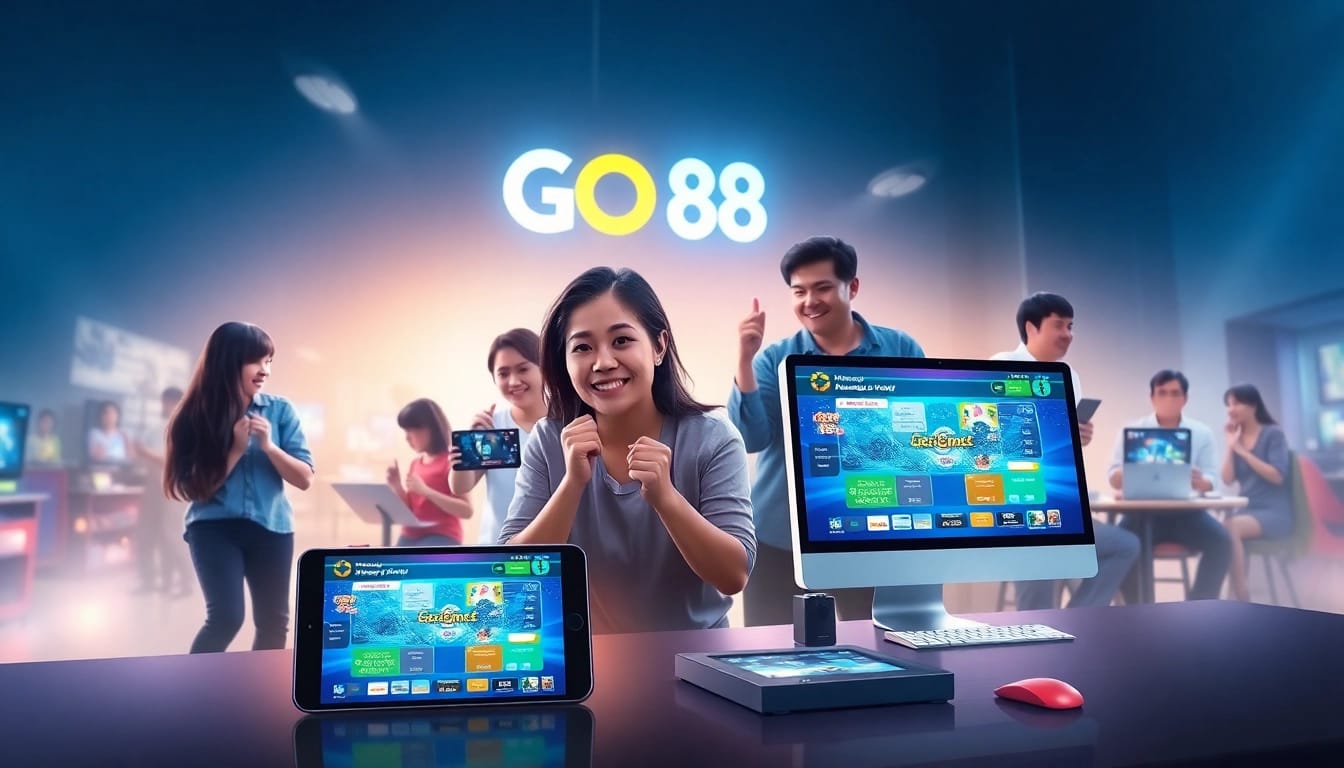 Engaging GO 88 online gaming platform scene with diverse players and vibrant interface.