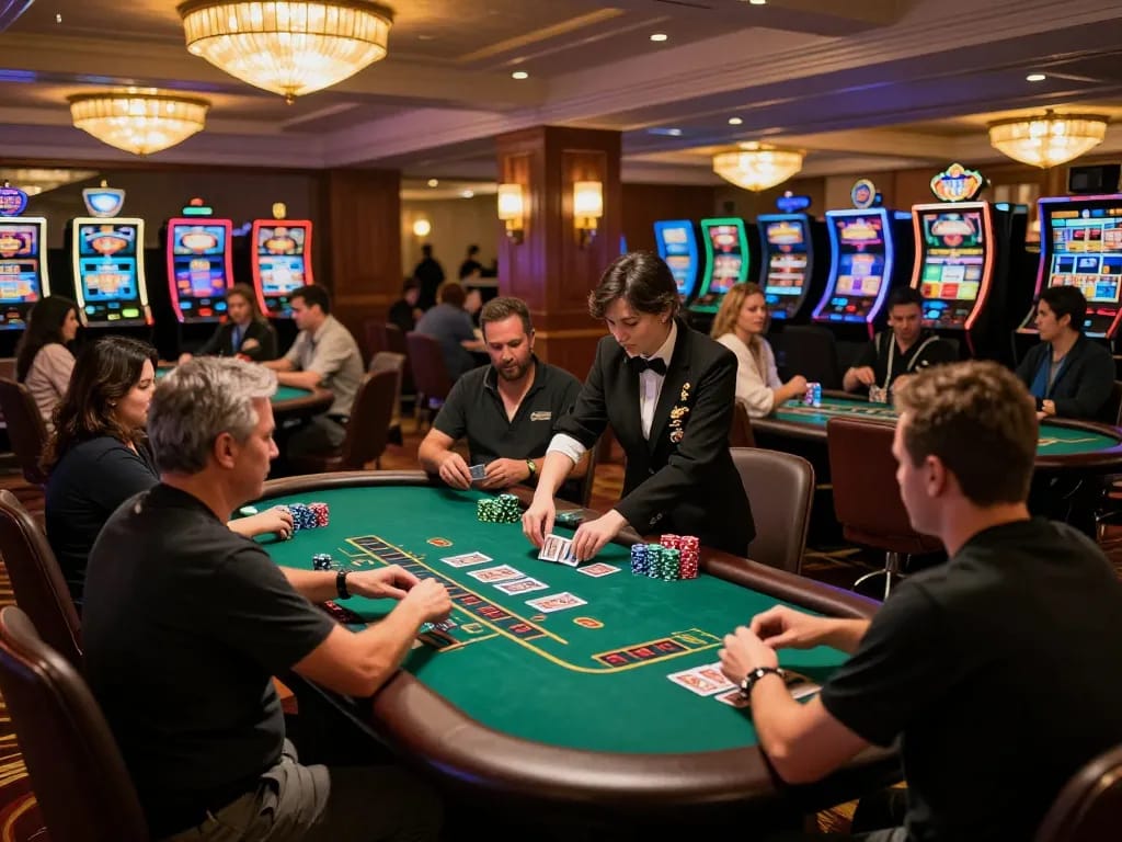 Go8 players strategizing at a blackjack table in a luxurious casino environment.