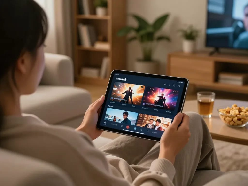 Streaming ดูหนังออนไลน์ฟรี on a tablet in a cozy living room, viewing a dynamic movie scene.