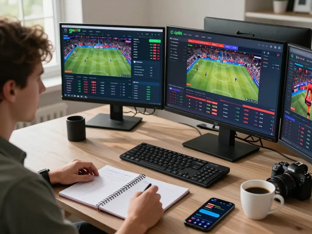 Betting on go89 sports events from a stylish home office setup with live odds displayed.