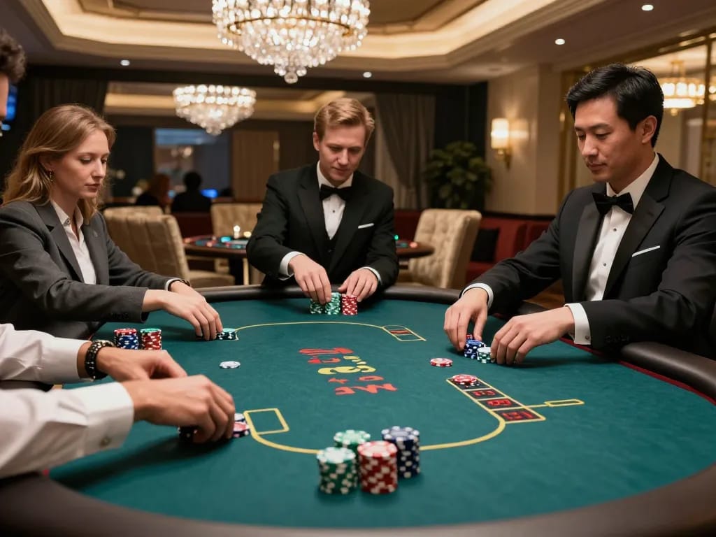 iWin players placing bets in an exclusive high-roller poker game surrounded by luxury decor.