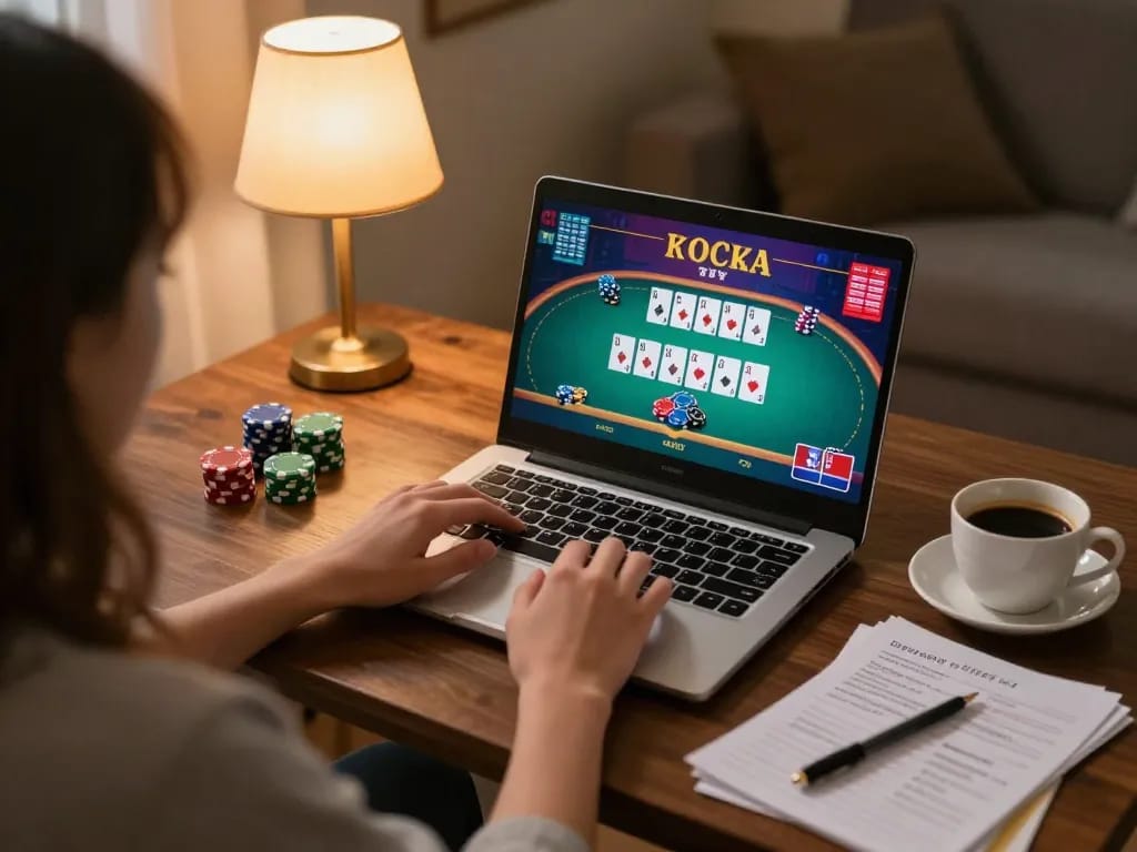 Player engaging in qtr88 online casino game from home, showcasing interactive poker gameplay