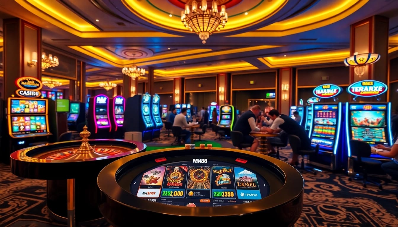 Experience the thrill at MM88 with colorful gambling tables and exciting slot machines.