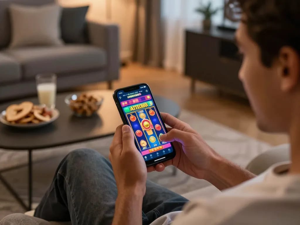 Player enjoying AZTEC888 online casino on smartphone in a cozy living room, engaging with vibrant slot game.