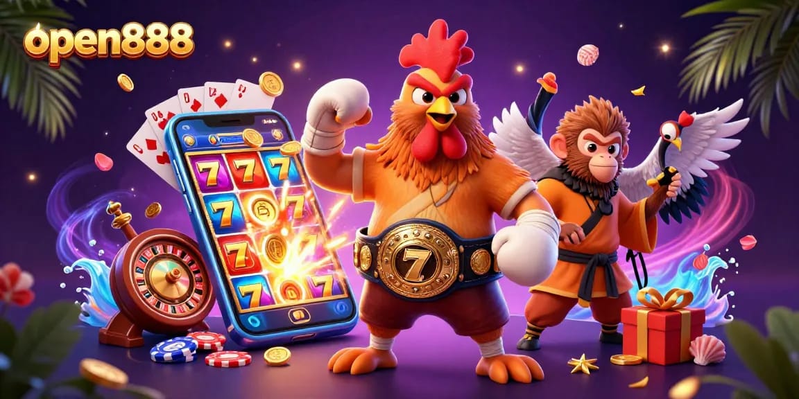Engage with open888's vibrant slot game atmosphere, showcasing a colorful 3D gaming scene.