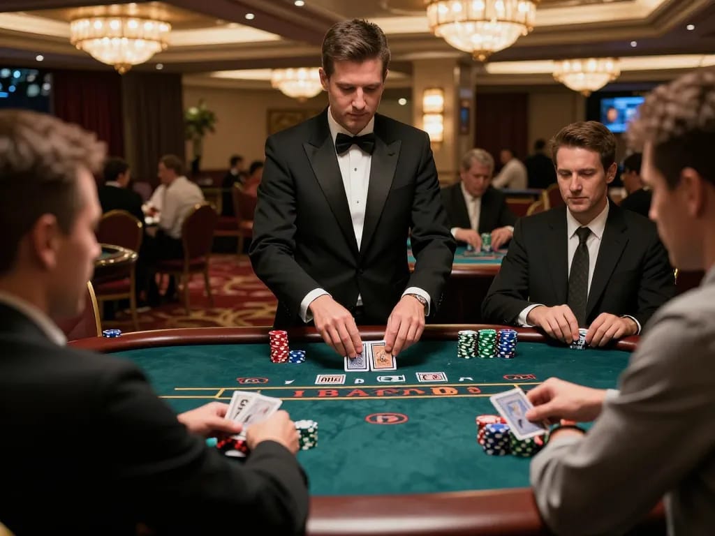 Alev Kumar players focusing on an intense blackjack game in a luxury casino setting.
