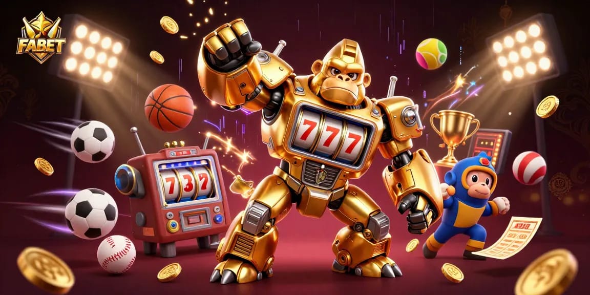 Engage in thrilling gameplay with the FABET golden gorilla mech in an electrifying casino setting.