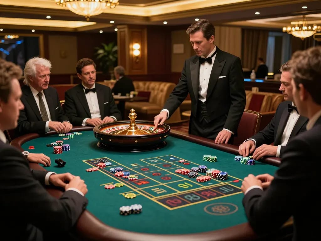 Players engaging at a lively roulette table at bl555 casino, showcasing high-stakes excitement and classic elegance