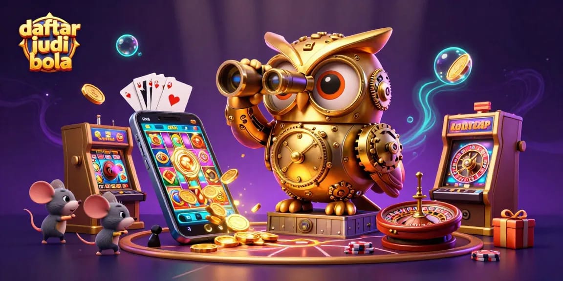 Engage in daftar judi bola with a whimsical scene featuring a golden owl and dynamic casino elements.