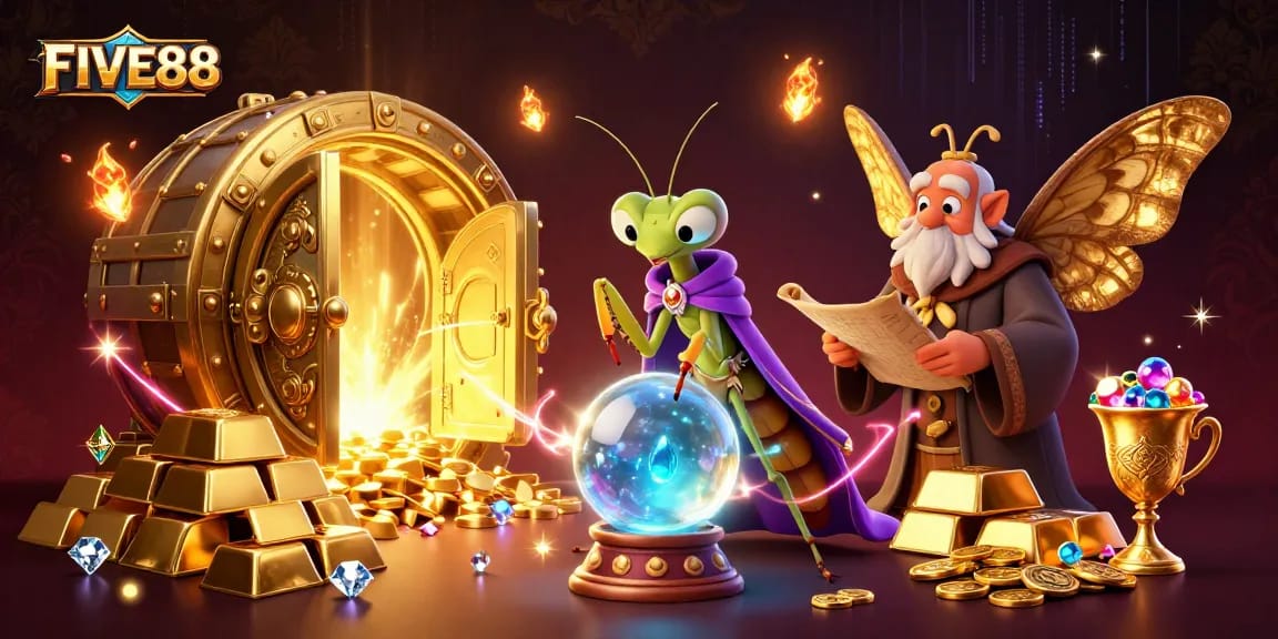 Experience thrilling adventures at FIVE88 with a mystical fortune teller and wealth in a vibrant 3D scene.
